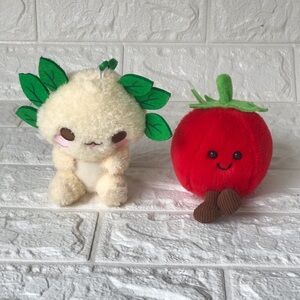 Kawaii Plush Duo - Leaf Character + Red Apple Plush Keychains